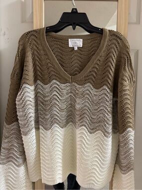 Absolutely Olive, Taupe & Cream Open-Knit V-Neck Sweater NWOT